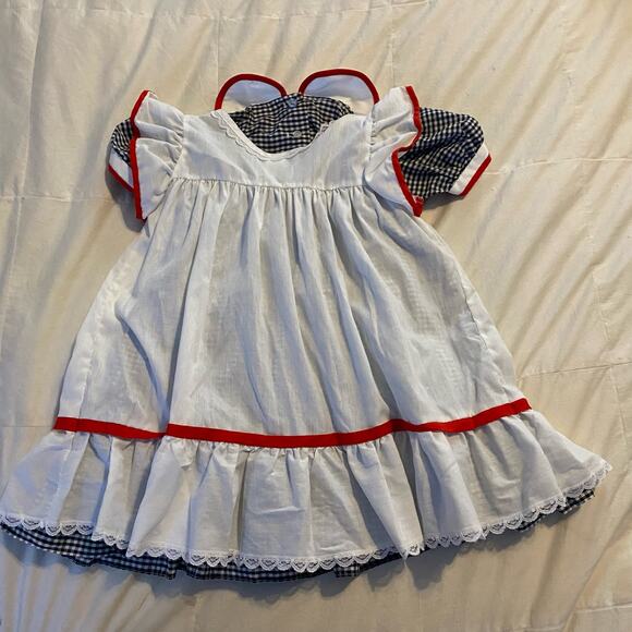 Vintage Winnie The Pooh Dress 2T Black White Gingham Pinafore USA Made Lace - Picture 14 of 16